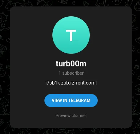 Telegram channel "turb00m" whose description reads "i7sb1k zab.rzrrent.com"